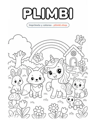 Lámina para colorear de los amigos de Plimbi en la pradera, en línea sobre fondo blanco