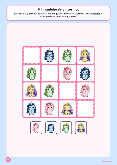 Mini sudoku de unicornios: página 14 de Mi cuaderno de unicornios