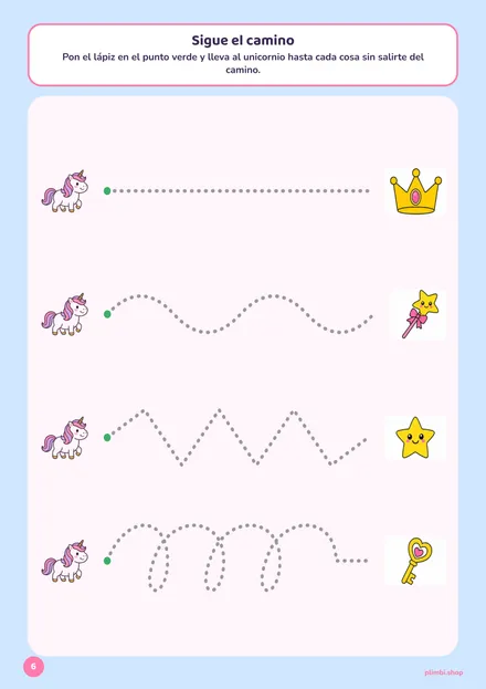 Ficha de grafomotricidad para imprimir: cuatro caminos punteados (recto, ondas, zigzag y bucles), página real de un cuaderno Plimbi