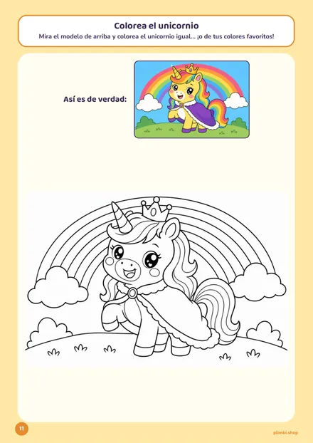 Lámina de unicornio para colorear con modelo a color, página real de un cuaderno Plimbi
