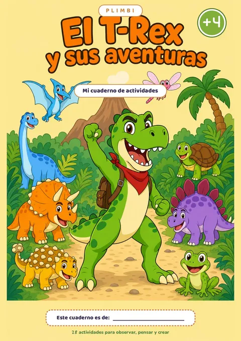 Portada de El T-Rex y sus aventuras, cuaderno de actividades para imprimir