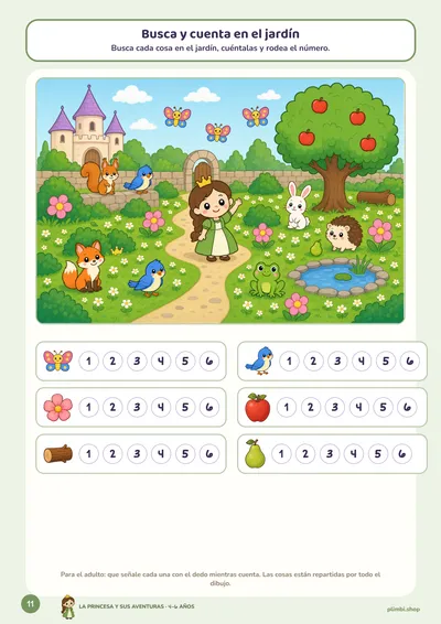 Busca y cuenta en el jardín: página 11 de La princesa y sus aventuras