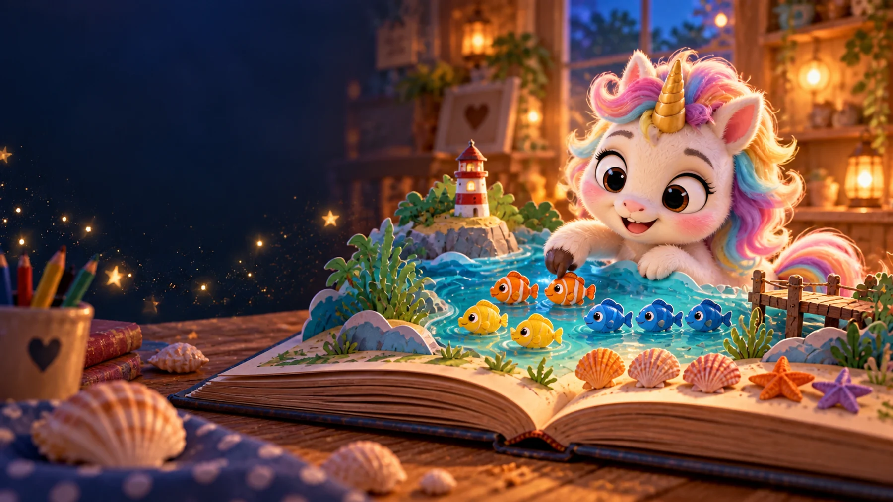 Escena ilustrada del mundo de A contar con unicornios sobre un libro abierto