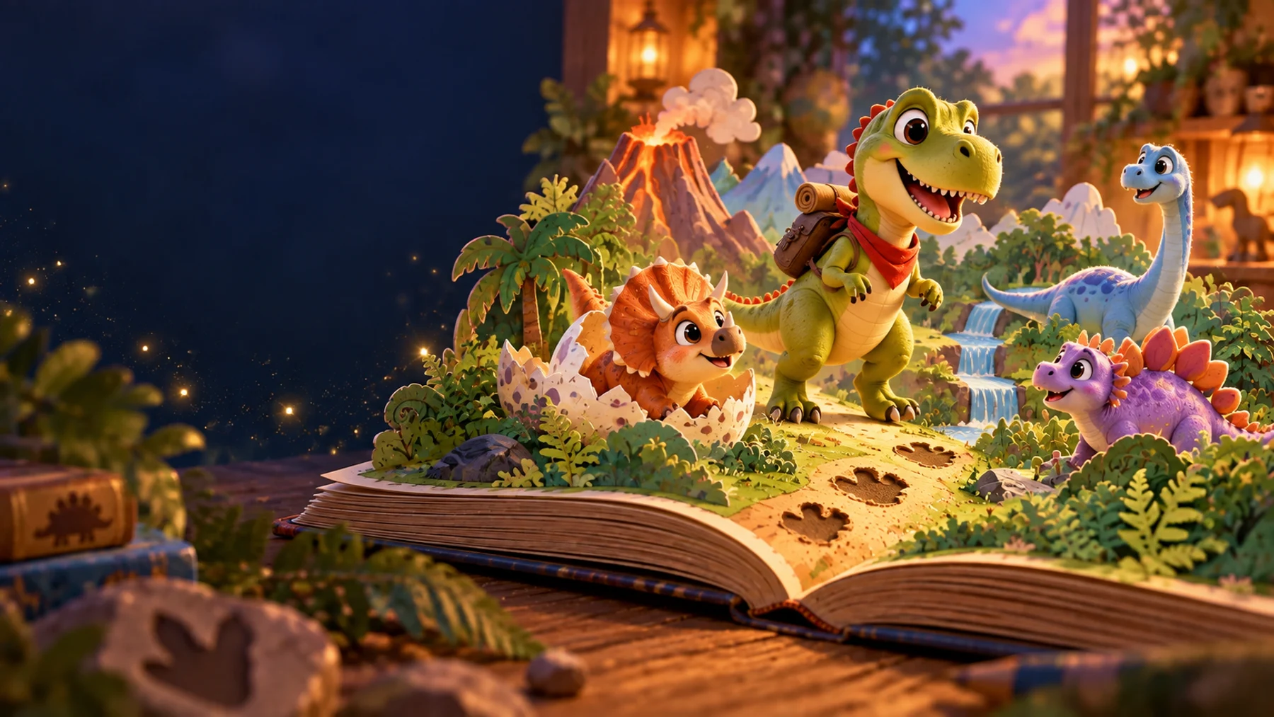 Escena ilustrada del mundo de El T-Rex y sus aventuras sobre un libro abierto