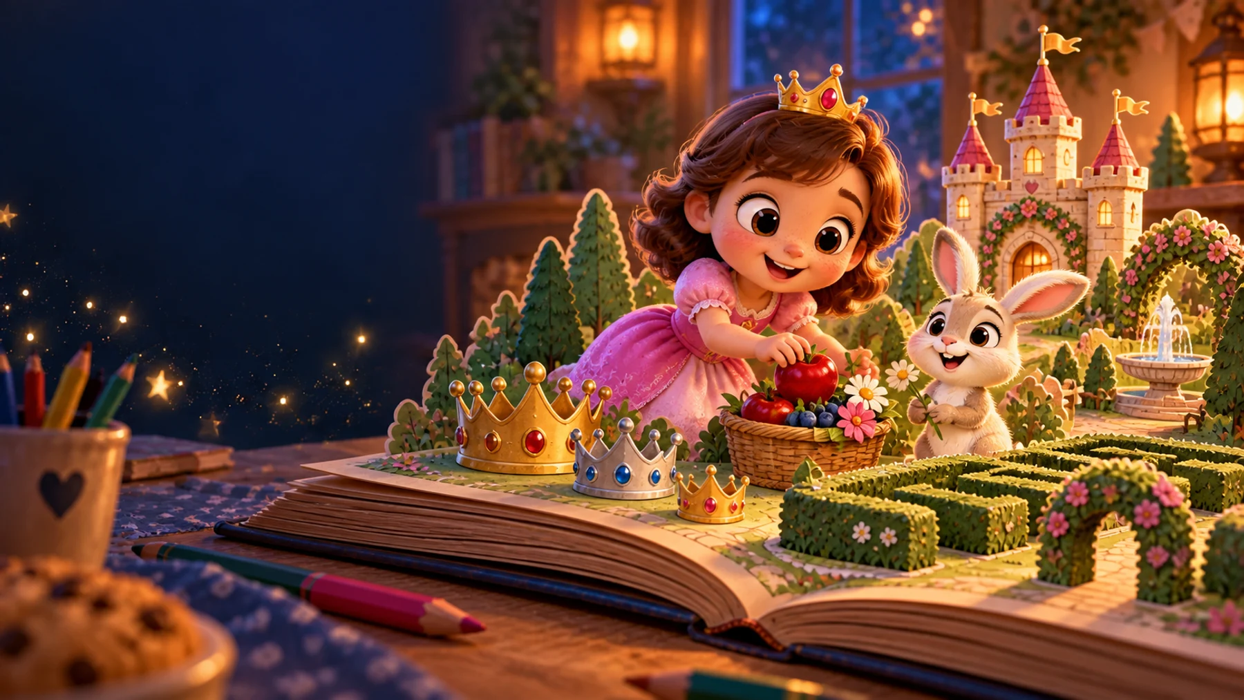 Escena ilustrada del mundo de La princesa y sus aventuras sobre un libro abierto