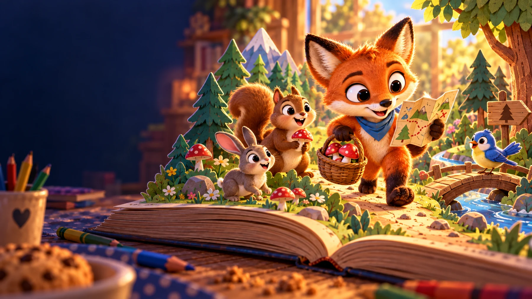 Escena ilustrada del mundo de Misiones del bosque sobre un libro abierto