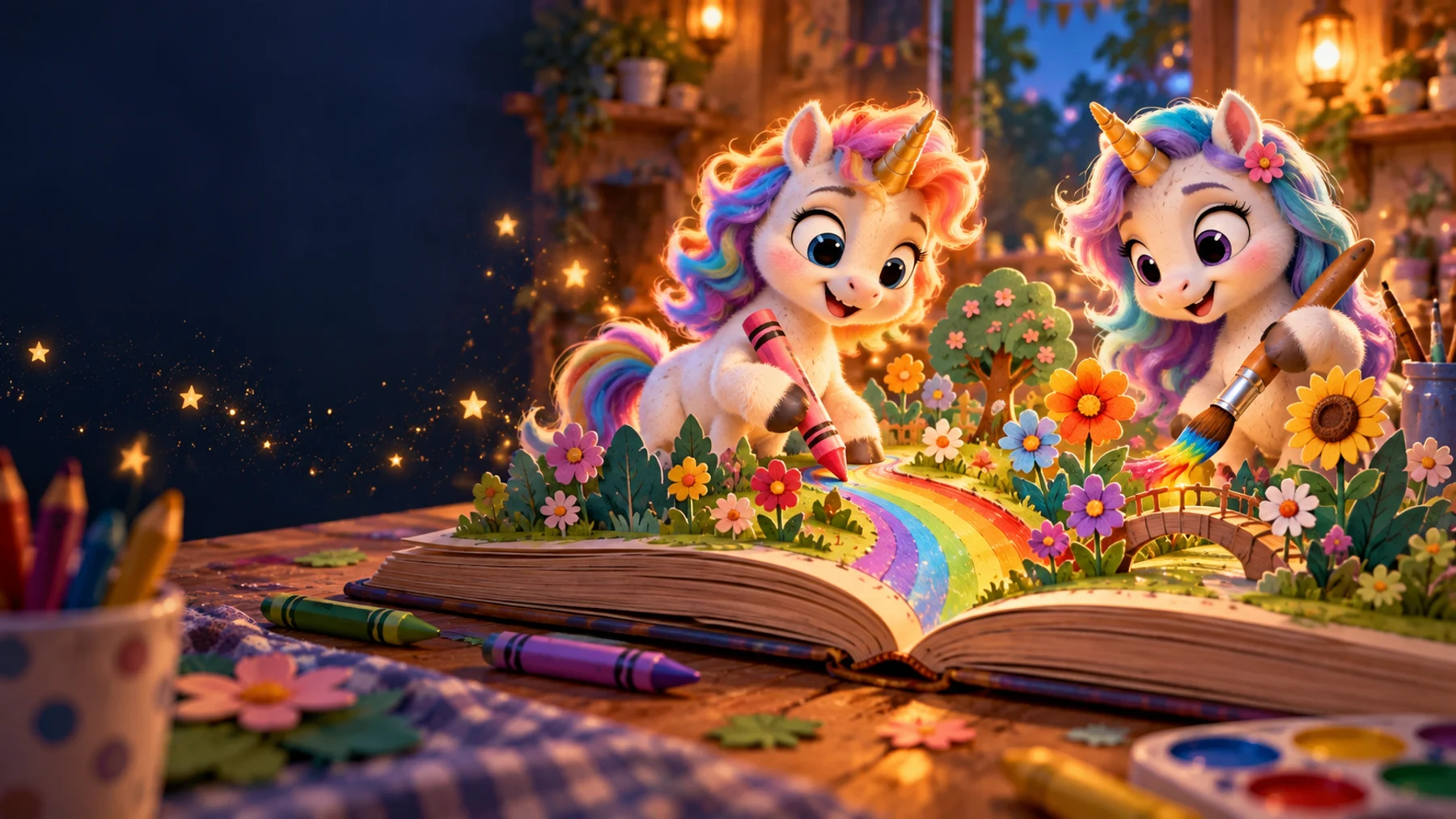 Escena ilustrada del mundo de Unicornios de colores sobre un libro abierto